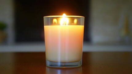 Burning Candle in Glass Jar on Wooden Table Soft Lighting Minimalist Decor