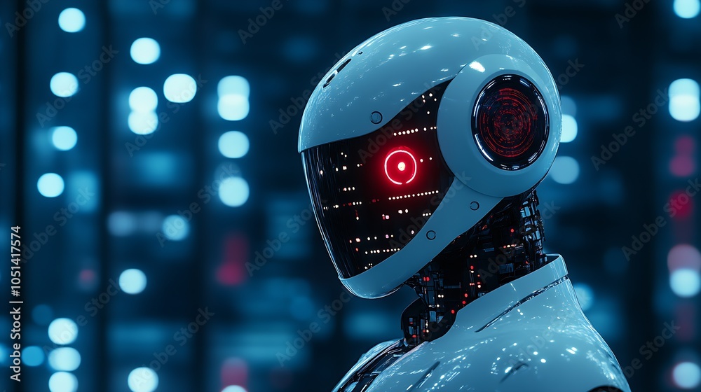Poster Futuristic AI Robot with Red Illuminated Eye in High Tech Environment : Generative AI