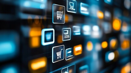 Fototapeta premium Digital Shopping Cart Icons on Bright Blurred Background for Online Retail Design : Generative AI