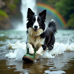 A dog riding a boat on a river, standing confidently at the front,