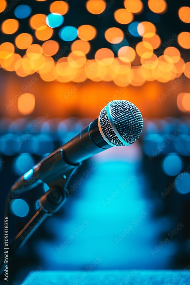 Poster Dynamic Close-Up of Microphone on Stage with Bokeh Lights at Concert : Generative AI