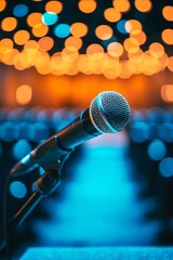 Obraz premium Dynamic Close-Up of Microphone on Stage with Bokeh Lights at Concert : Generative AI