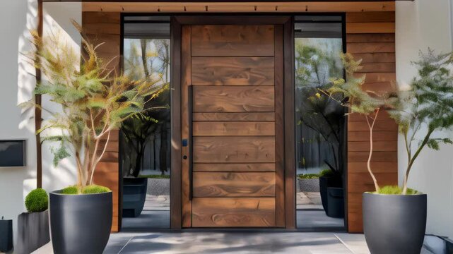 Discover the beauty of modern architecture with a wooden front door and stylish planters at a contemporary home entrance