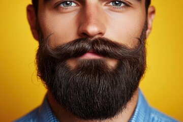 Obraz premium Close-up of man with styled mustache beard on yellow background