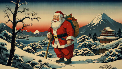 浮世絵風のサンタクロースと風景