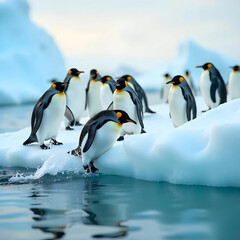 Obraz premium A group of clumsy penguins tries to surf on icebergs, with one penguin making a splash as it hilariously tumbles into the water