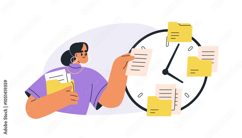 Poster Time management concept. Business woman scheduling tasks. Work planning, workload organization and balancing priorities. Multitasking employee. Flat vector illustration isolated on white background