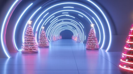 Sophisticated tunnel with pink neon Christmas trees