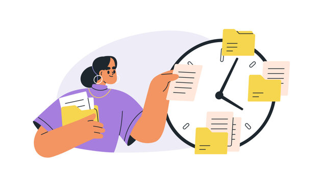Time management concept. Business woman scheduling tasks. Work planning, workload organization and balancing priorities. Multitasking employee. Flat vector illustration isolated on white background