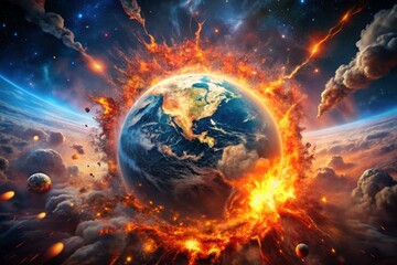 Obraz premium Planet Earth in Cataclysmic Explosion: Apocalyptic Scene with Fiery Skies, Destruction, Chaos, and Cosmic Forces - Intense Visual of Global Catastrophe