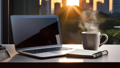 Fototapeta premium Coffee fuels productivity as a hand reaches for a keyboard, illuminating a laptop screen in a bustling office