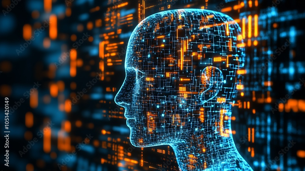 Aufkleber digital brain illustration with integrated circuits and neon orange and blue elements : generative a