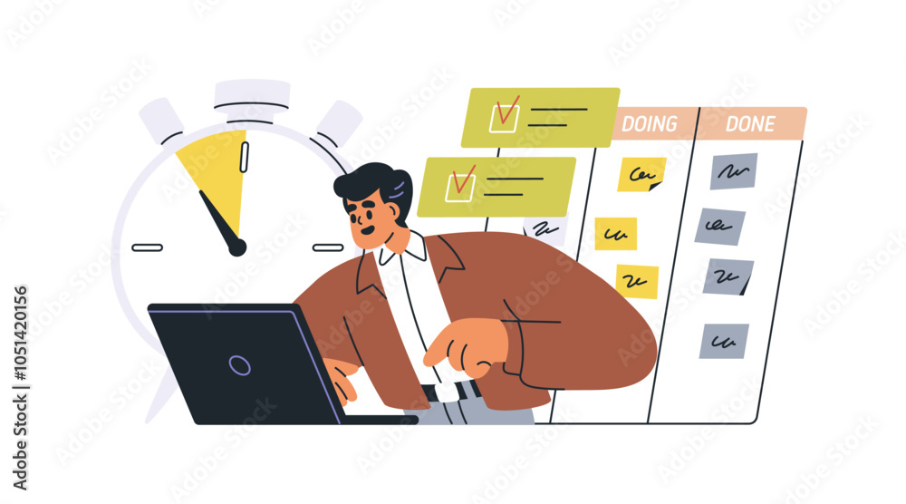 Poster Time management and scheduling concept. Planning tasks, tracking workflow progress on kanban board. Employee organizing work, managing deadlines. Flat vector illustration isolated on white background
