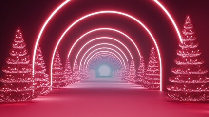 Vibrant Pink Neon Tunnel with Christmas Trees Scene