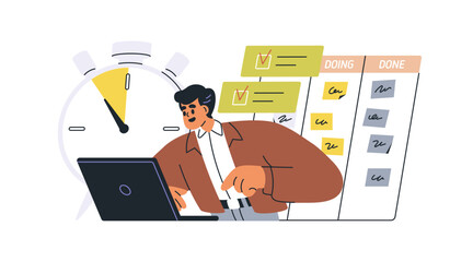 Time management and scheduling concept. Planning tasks, tracking workflow progress on kanban board. Employee organizing work, managing deadlines. Flat vector illustration isolated on white background