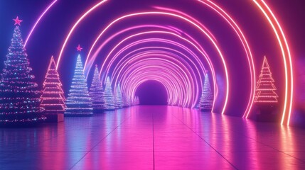 Fototapeta premium Neon-lit tunnel with Christmas trees and gleaming lights.