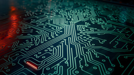 Futuristic circuit board: A maze of neon-lit circuit paths glowing in deep blues and greens, resembling the inner workings of an advanced machine.
