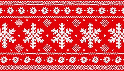 Red and white knitted background with intricate snowflake designs resembling classic Nordic sweater vibe