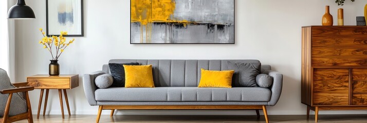 Living room with grey sofa, wood decor, and bright yellow artwork.