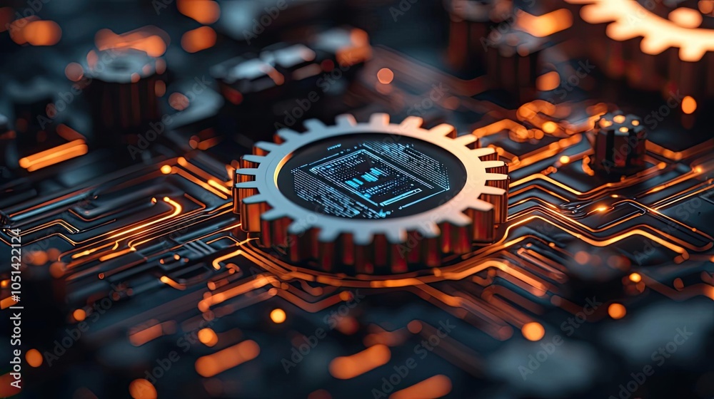 Poster close-up of circuit board with gold gears and glowing connections.