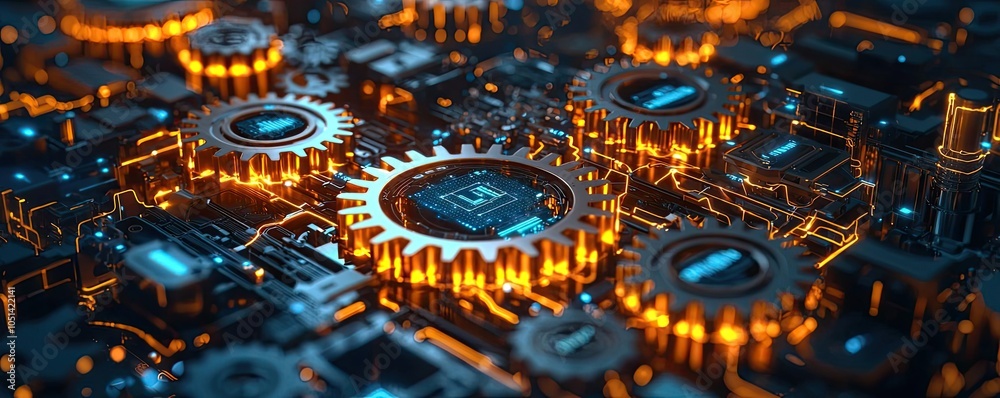 Poster close-up of illuminated gears and circuitry, abstract technological background.