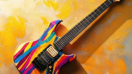 Naklejka premium Guitar with vibrant stripes against sunlit textured background