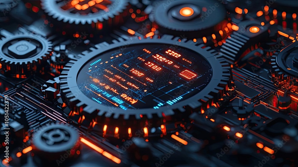 Poster close-up of intricate gears and circuits with glowing lights.