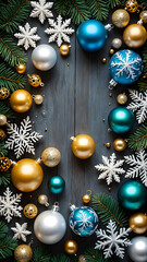 Christmas balls on a Christmas tree branch. Blue gold Christmas background with place for text	
