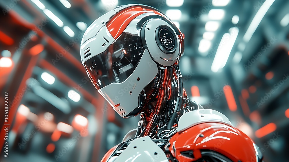 Aufkleber Robotic Figure with White and Red Pattern in Modern Tech Facility : Generative AI