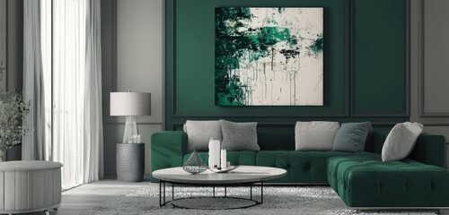 Contemporary green and grey room with abstract painting focal.