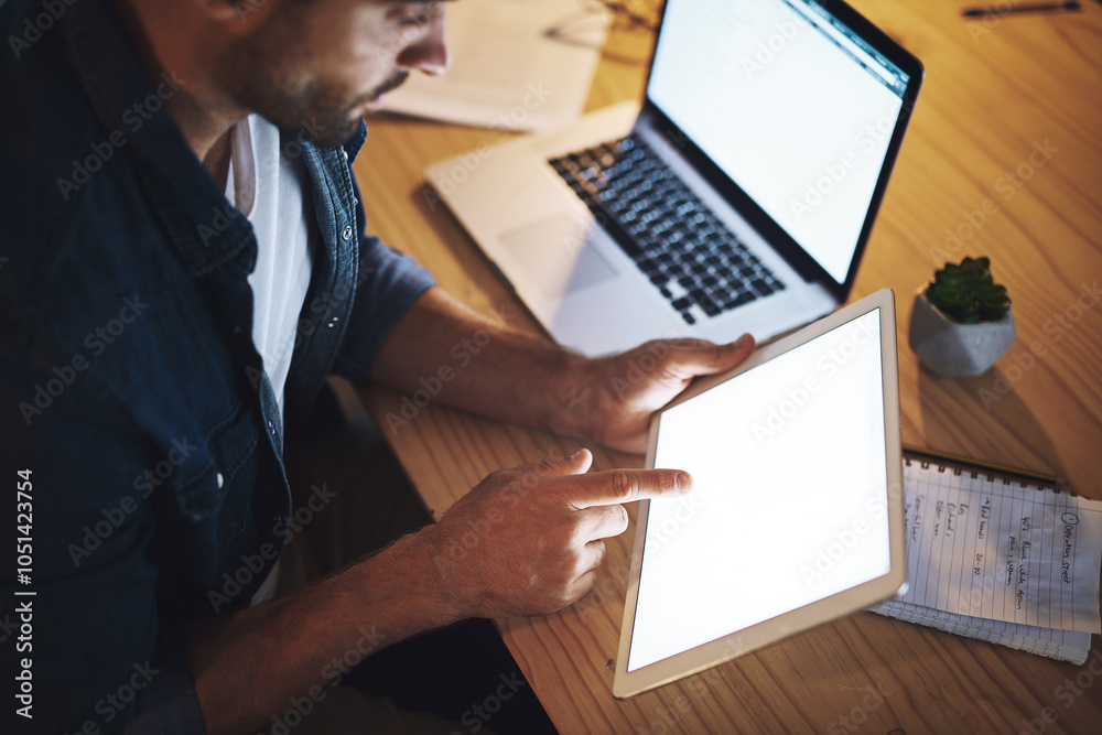 Poster hands, blank tablet and in office, click and planning with project, review and mockup space on scree
