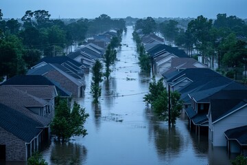 Flooded Town with the full of water and houses and roads under water residential area after hurricane