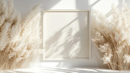 White interior rattan decor pampas plant frame 3d render