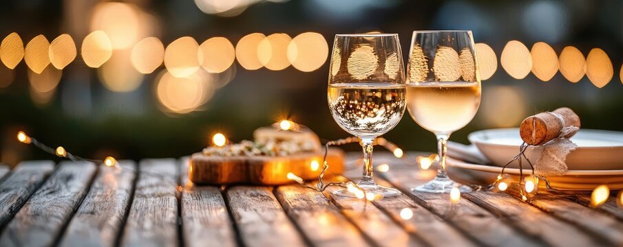 Two glasses of white wine on a wooden table with fairy lights background.