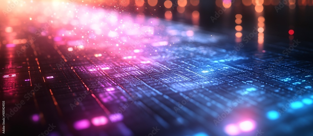 Poster colorful abstract technology background with neon highlights and digital grid : generative ai