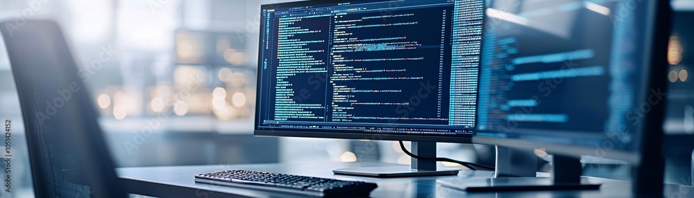 Poster a clean, modern workspace with multiple monitors showing various coding languages, accompanied by pl