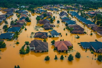 Flooded Town with the full of water and houses and roads under water residential area after hurricane