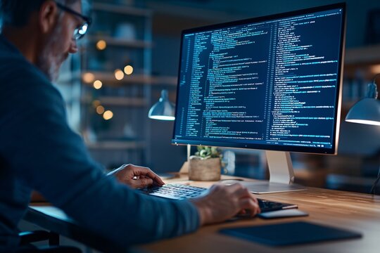 A developer writing code on a large monitor in a modern office setting, with the background intentionally blurred to provide significant copy space.
