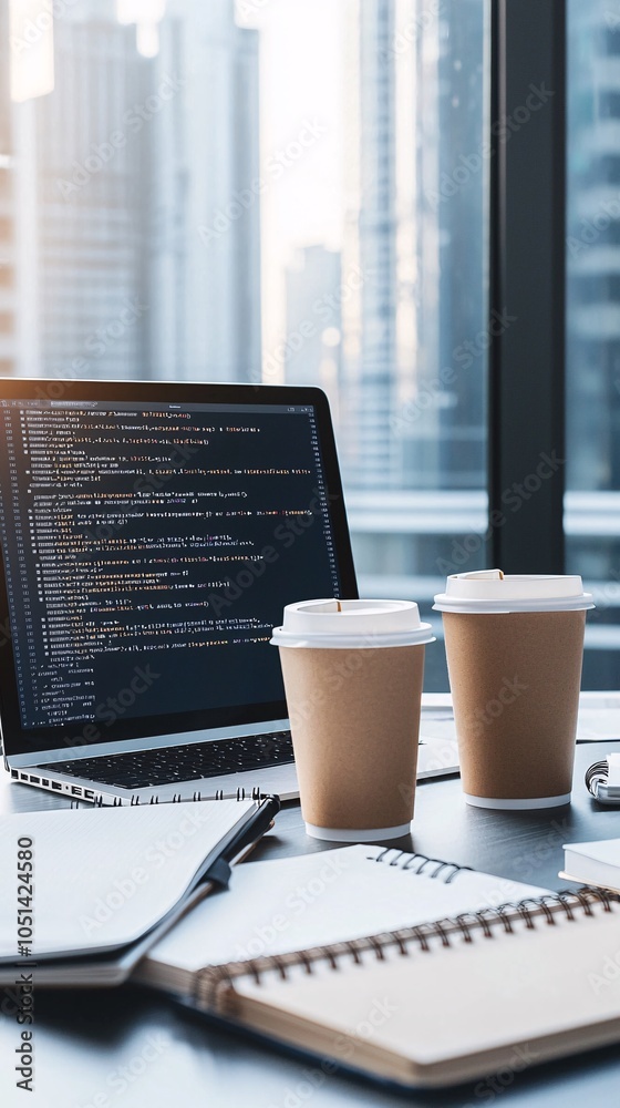 Poster a high-angle view of a desk with a computer monitor displaying code, surrounded by coffee cups and n
