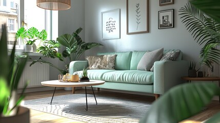 Fototapeta premium Cozy Scandinavian room with mint sofa, stylish table, and greenery.