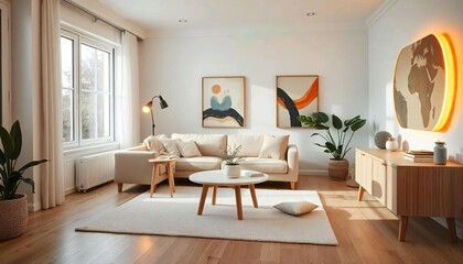 Scandinavian cozy living room with beige syllabic sofa, wooden coffee table and potted plants. The room has a simple and natural d&eacute;cor style with wall art.