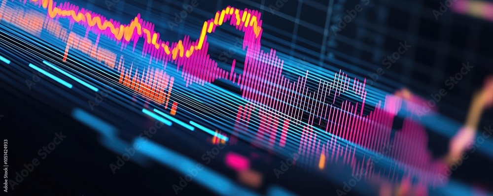 Poster Colorful data visualization with graphs and charts on a dark background.