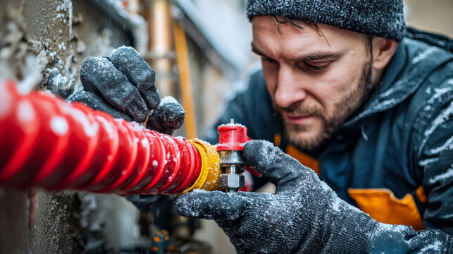 homeowner insulating pipes with foam sleeves in basement to prevent freezing during winter. focused expression shows dedication to home maintenance and energy efficiency