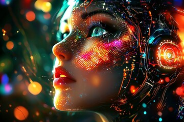 Vibrant digital art of futuristic woman with illuminated circuit design and glowing colorful pattern : Generative AI