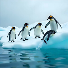 Obraz premium A group of clumsy penguins tries to surf on icebergs, with one penguin making a splash as it hilariously tumbles into the water