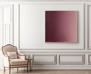 Modern living room with burgundy wall art, armchair, and white wall.