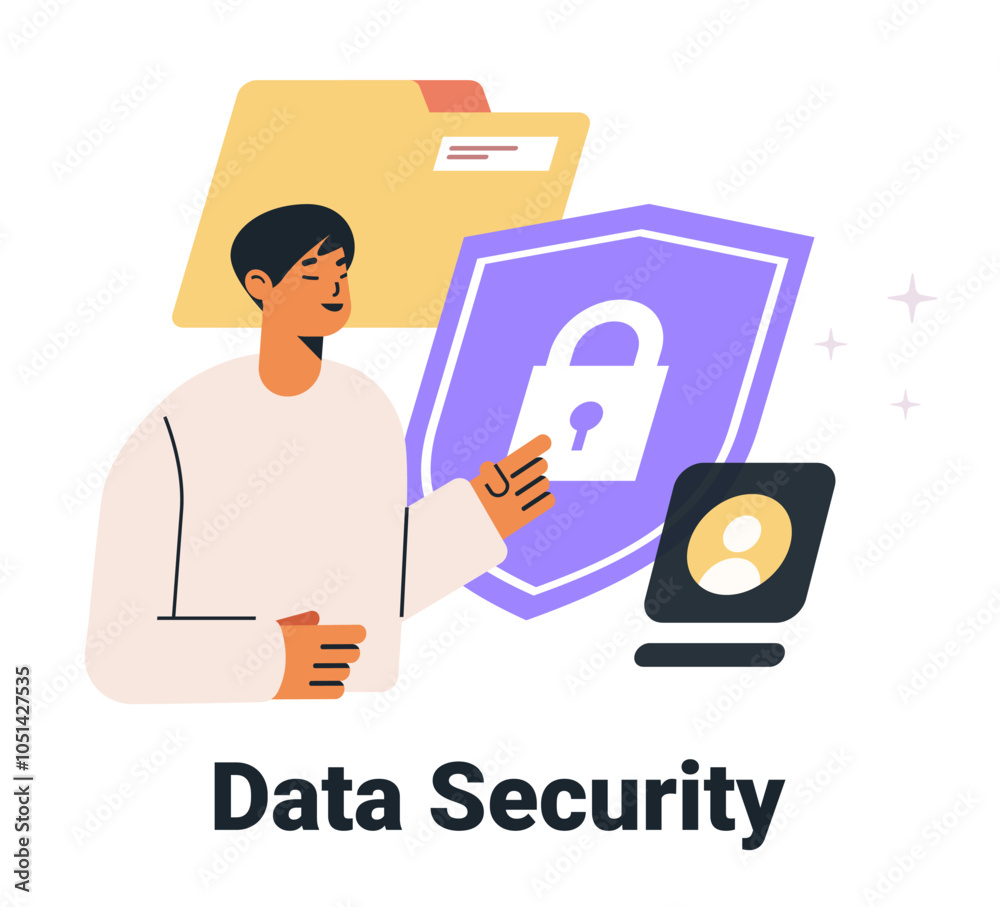 Poster data security concept with person pointing at shield lock icon folder and user profile in modern fla