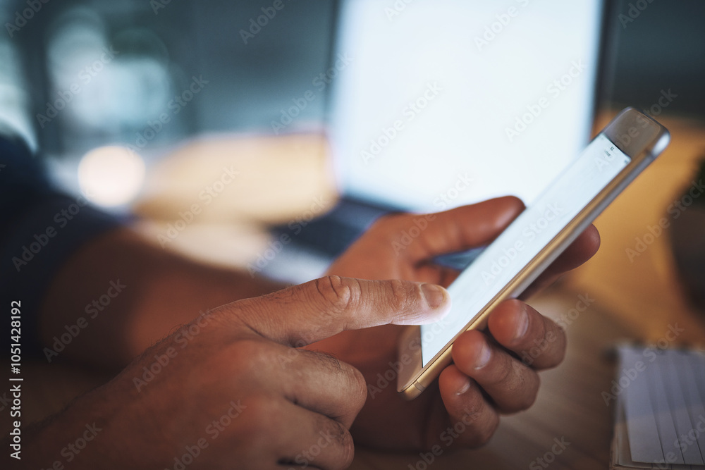 Poster office, hands and business person with phone at night for communication, contact and networking. moc