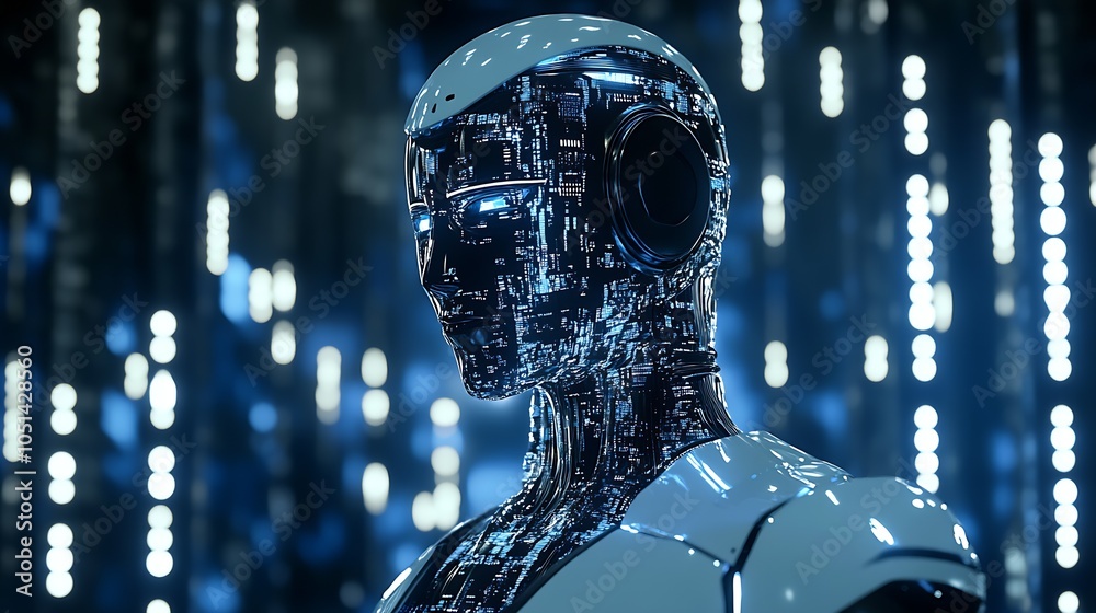 Poster Digital Circuitry Adorned Humanoid Robot in a Sci-Fi Virtual Setting : Generative AI