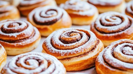 Freshly baked cinnamon rolls topped with powdered sugar, creating a warm, sweet treat perfect for breakfast or dessert.